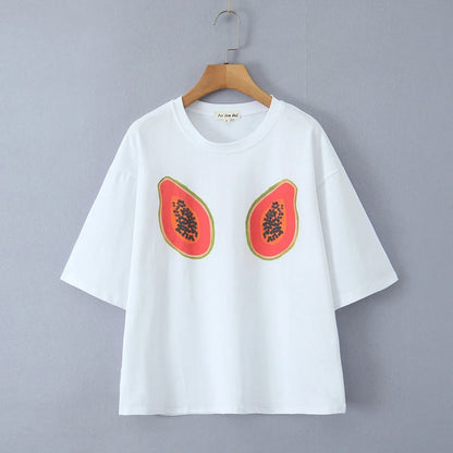 Foridol Papaya Print Fruit T-shirt Women Summer Loose Casual Shirts Blusa Half Sleeve White Spring Summer Shirt 2025 Blouse