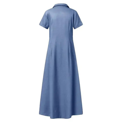 2024 Women New Lapel Pocket Splicing Casual Short Sleeved Solid Color Large Swing Denim Dress Loose Single Breasted Shirt Dress