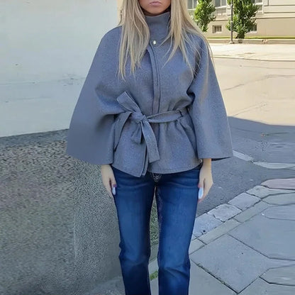 Phantasy Elegant Grey Lace Up Woolen Coats Women Stand Collar Full Sleeve Jackets Autumn Winter Outerwear Female Tops 2025