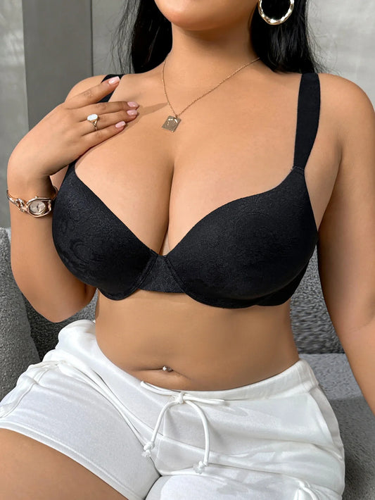 Everyday Solid Color Basic Plus size Bra Delicate Light Embroidery B C D Thin Cup Comfortable No Lining Push up Bra for Women