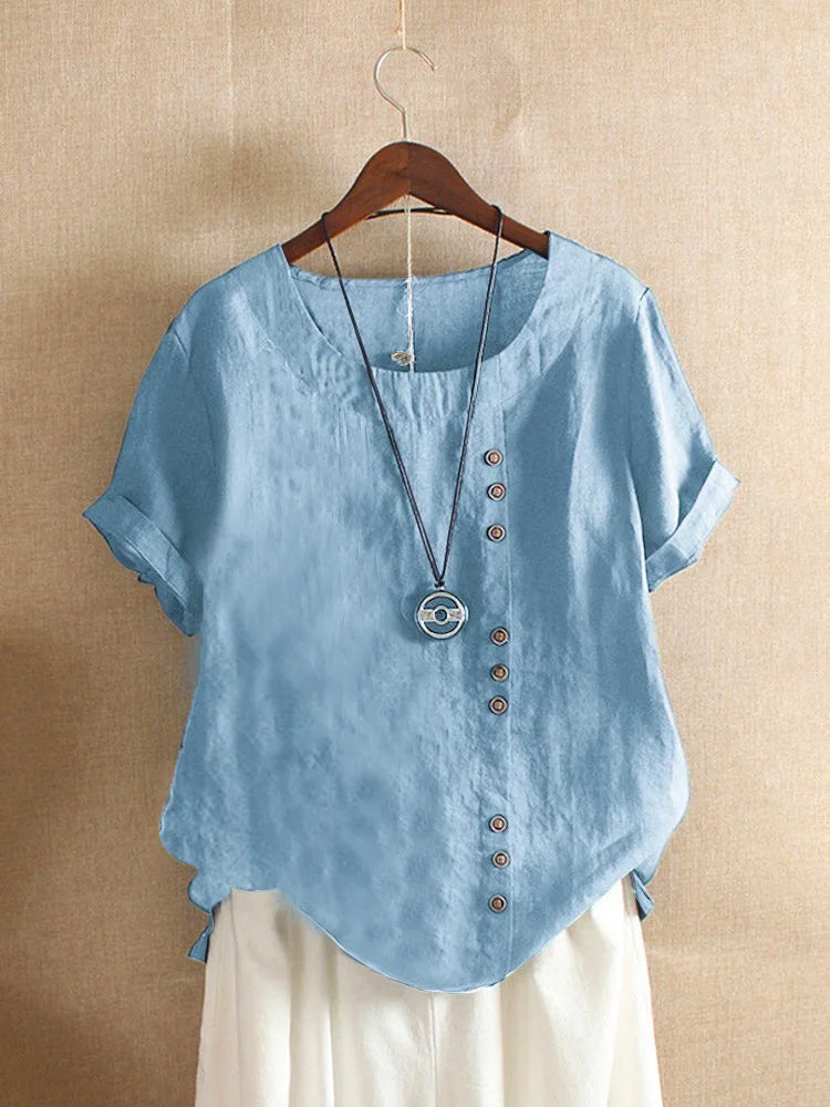18 Colors S-5XL Women Cotton Linen Button Blouse Summer Female O-Neck Short Sleeve Solid Shirt Tops WYLP-M03