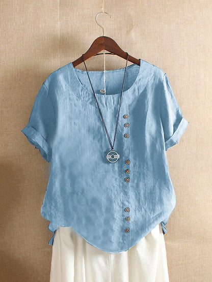 18 Colors S-5XL Women Cotton Linen Button Blouse Summer Female O-Neck Short Sleeve Solid Shirt Tops WYLP-M03