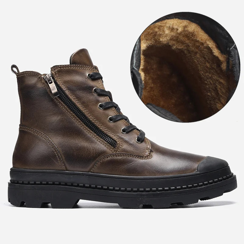 Natural Cow Leather Men Winter Boots Handmade Retro Men Boots Genuine Leather Men Winter Shoes #JM9550