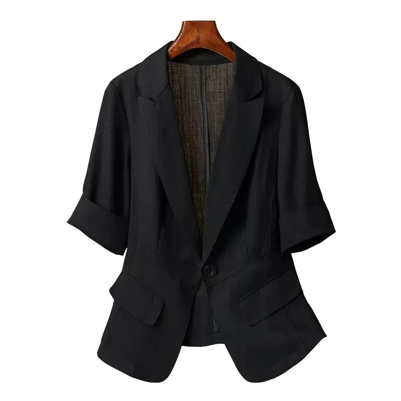 Black Solid Casual Turn-Down Collar Single Button Short Sleeve Women's Jacket Korean Fashion Suit Blazer Short Jackets Coat 2026