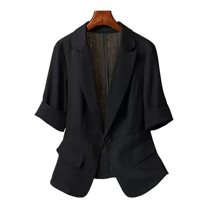 Black Solid Casual Turn-Down Collar Single Button Short Sleeve Women's Jacket Korean Fashion Suit Blazer Short Jackets Coat 2026