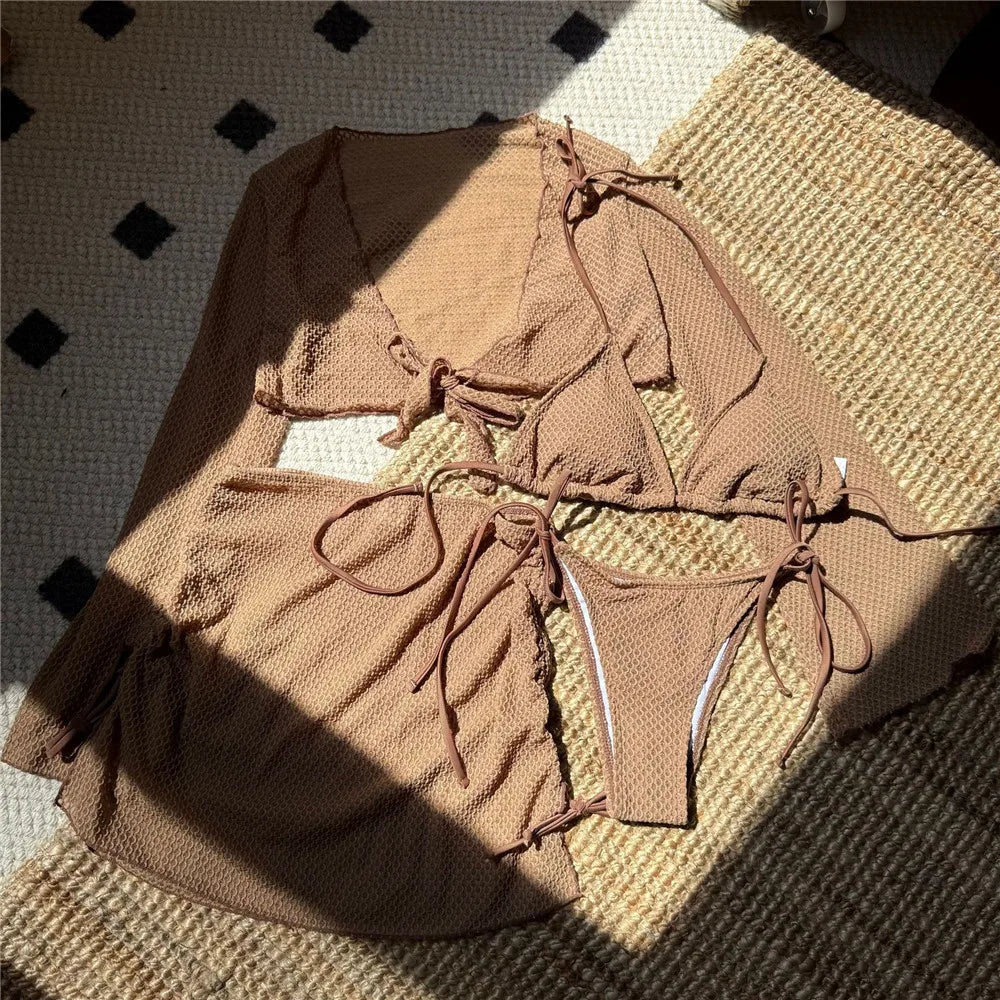 Beige Mesh Halter String Triangle Micro Thong Bikinis Sets 4 Pieces Long Sleeve Cover Ups Sexy Swimsuit Women Holiday Swimwear