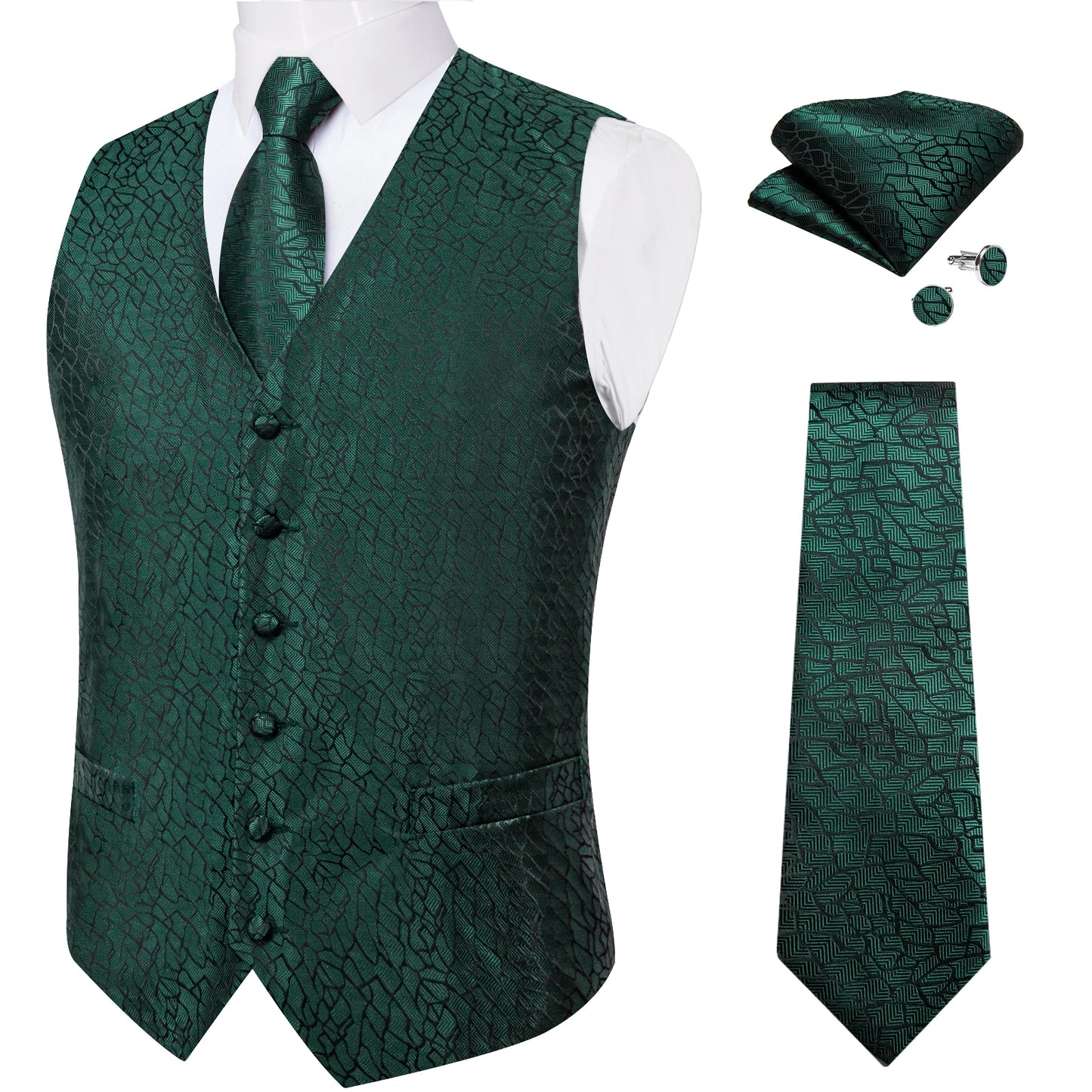 Fashion Light Blue Paisley Silk Vests for Men with Tie Handkerchief Cufflinks Business Wedding Party Waistcoat Tuxedo Vest