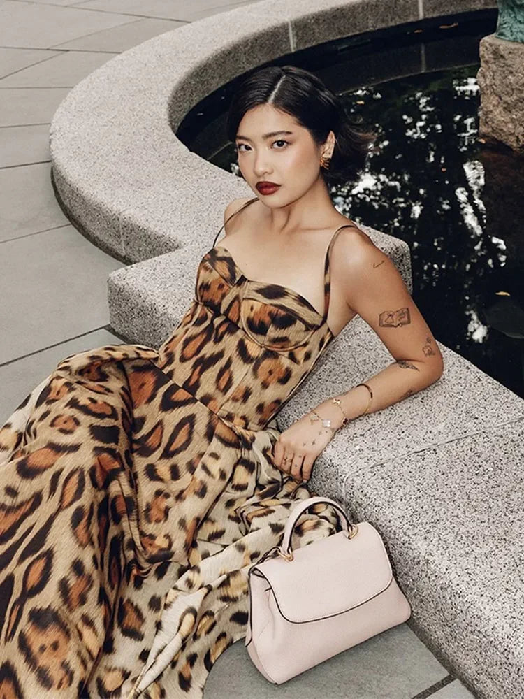 Leopard Print Sleeveless Sling Dress For Women Fashion Chic Backless A Line Dresses 2026 Elegant Female High Street Vestidos