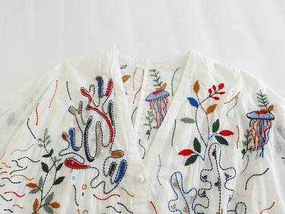 Foridol Marine Organism Embroidery Batwing Sleeve Summer Spring Maxi Skirt Set Cotton White Tassle Dress Set Outfits Button Suit