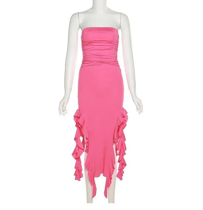 Cryptographic Irregular Ruffle Off Shoulder Sexy Backless Midi Dress for Women Elegant Birthday Vestido Summer Sundresses Ruched