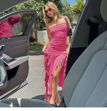Cryptographic Irregular Ruffle Off Shoulder Sexy Backless Midi Dress for Women Elegant Birthday Vestido Summer Sundresses Ruched