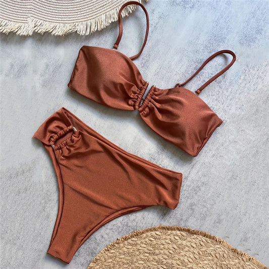 Brown Shiny U Shaped Bikini High Waist Sexy Swimsuit Women 2026 Wrinkled Solid Swimwears Bathing Suit Bandeau Bikinis Sets Mujer