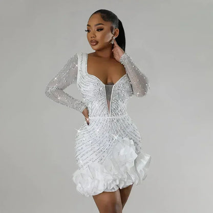 2025 Party Dresses Beading Diamond Long Sleeves Ruffles for women Shiny Elegant Wedding Guest Gown Occasion Celebrate Birthday
