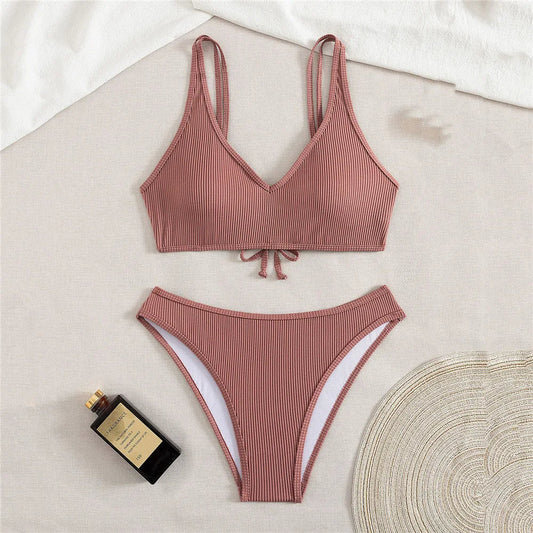 Solid Brown Ribbed Swimwears Sexy Bikinis Sets Push Up Swimsuit Woman 2026 Summer Back Lace-up Bathing Suit Bikini Dames Biquini