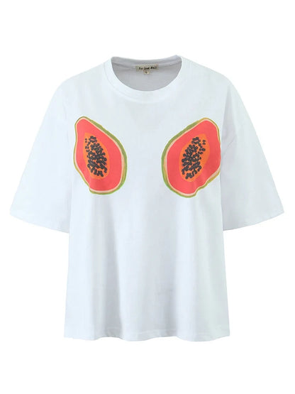 Foridol Papaya Print Fruit T-shirt Women Summer Loose Casual Shirts Blusa Half Sleeve White Spring Summer Shirt 2025 Blouse