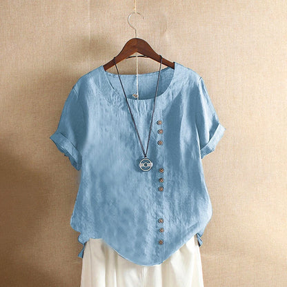 18 Colors S-5XL Women Cotton Linen Button Blouse Summer Female O-Neck Short Sleeve Solid Shirt Tops WYLP-M03