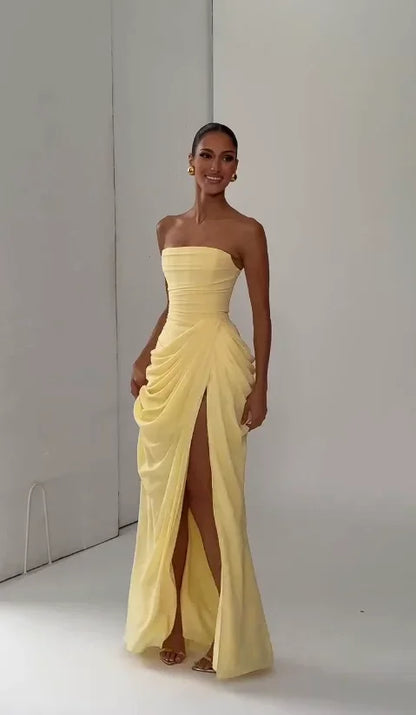 Elegant Yellow Strapless Pleated Dress Women Chic Sleeveless Waist Cinching Split Maxi Gowns Lady Evening Party Dresses 2026 New