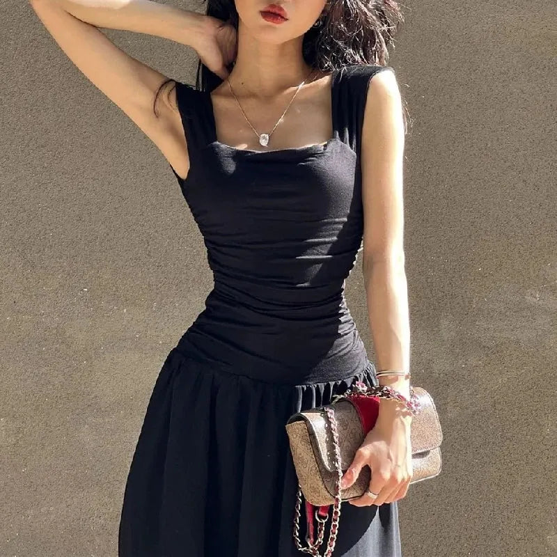 Ruched Bodycon Maxi Dress | Square Neck Slip Dress -femstylo