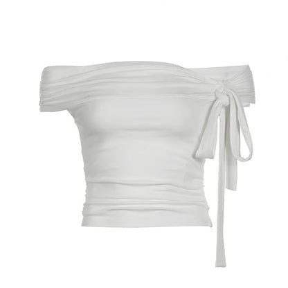 Korean Style Solid Color Women's Top Casual Slash neck Crop Top Fahionable Slim Fit White Tee Lady Summer Night Out Dress up