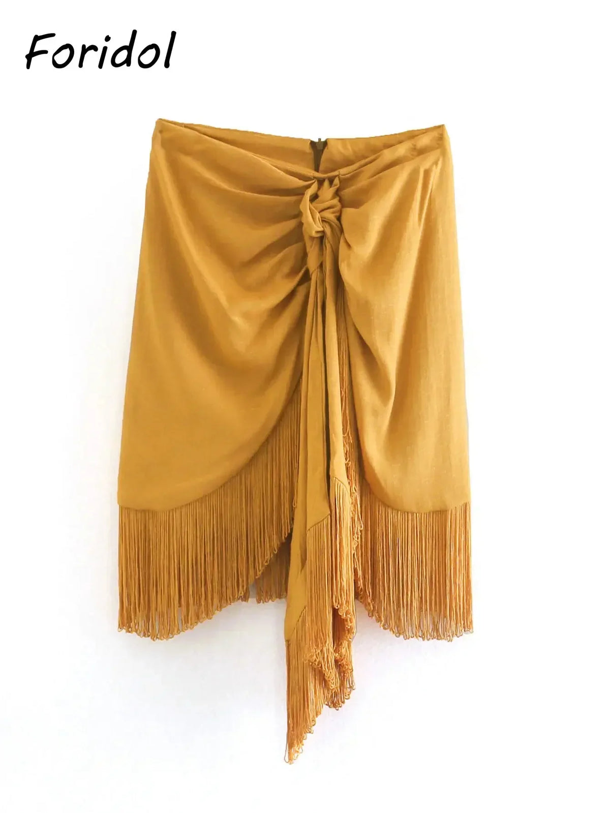 Foridol High Waist Bodycon Tassel Mini Skirt Women Summer Spring Irregular Slit Brown Short Bowknot Skirt Ladies Bottoms Brown