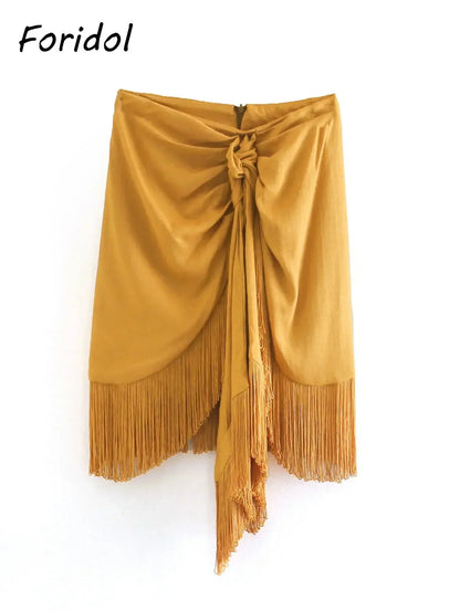 Foridol High Waist Bodycon Tassel Mini Skirt Women Summer Spring Irregular Slit Brown Short Bowknot Skirt Ladies Bottoms Brown