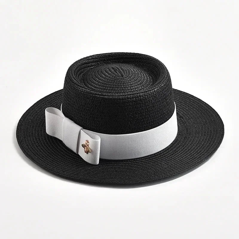 NEW Spring Summer Straw Hats for Women Round Bumpy Surface Flat Top Bowknot Dress Cap Travel Beach Sun Hat Gorra