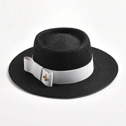 NEW Spring Summer Straw Hats for Women Round Bumpy Surface Flat Top Bowknot Dress Cap Travel Beach Sun Hat Gorra