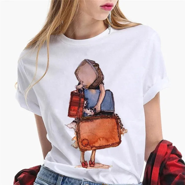 Paris Girl Europe and America Fashion Loose Ins White Short-sleeved T-shirt Woman Graphic T Shirts  Harajuku  Women Clothes
