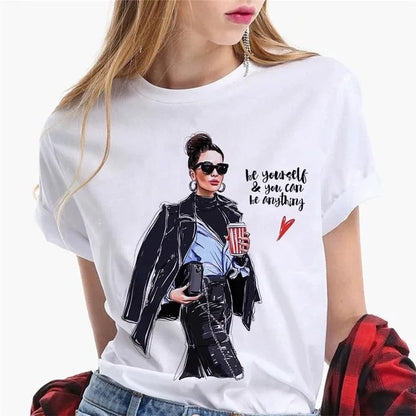 Paris Girl Europe and America Fashion Loose Ins White Short-sleeved T-shirt Woman Graphic T Shirts  Harajuku  Women Clothes