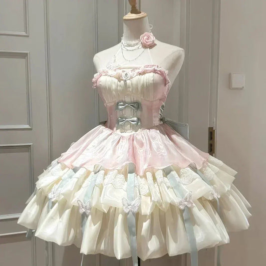 Summer Sweet Lolita Y2k Mini Dresses Women Lace Patchwork Short Sleeve Elegant Bandage French Vintage Short Party Dress Female