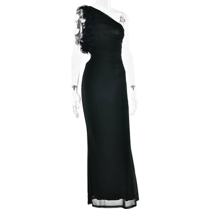 Articat Elegant Sleeveless Slant Shoulder Flower Dress Women Spring/Summer 2025 Sexy Mesh Wrap Hip Dress Party Evening Dress