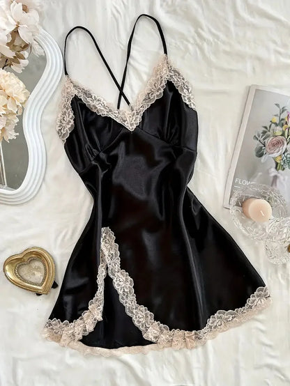 Sexy Pajamas Women's Lace Suspender Nightdress Silk Thin Dress Lingerie Women Nightgowns Sexy Solid Nightwear Summer Loungewear