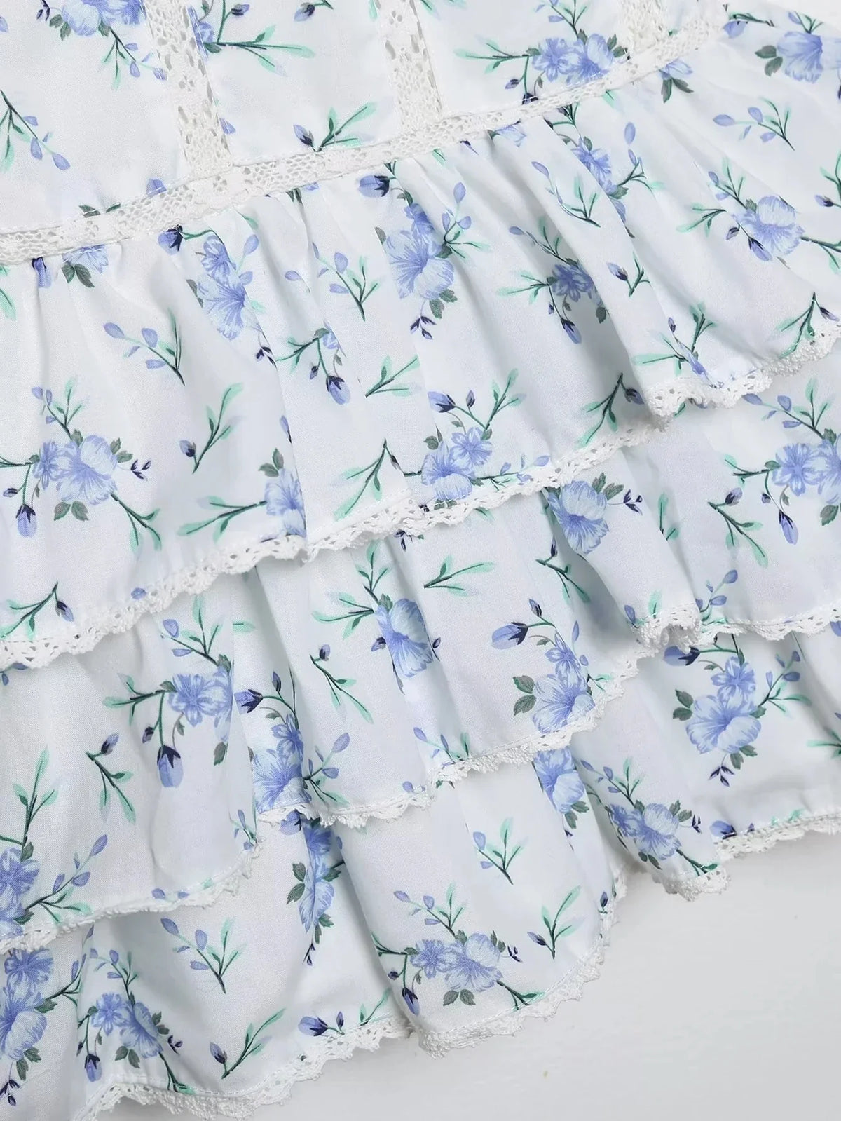 Foridol Blue Flower Print Women Tiered Mini Aummer Autumn Beach Dress Puff Sleeve Vintage Party Cotton Short Boho Lace Dress