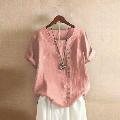 18 Colors S-5XL Women Cotton Linen Button Blouse Summer Female O-Neck Short Sleeve Solid Shirt Tops WYLP-M03