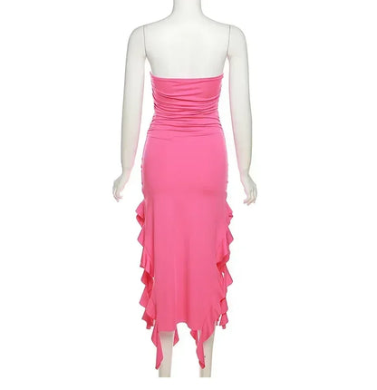 Cryptographic Irregular Ruffle Off Shoulder Sexy Backless Midi Dress for Women Elegant Birthday Vestido Summer Sundresses Ruched