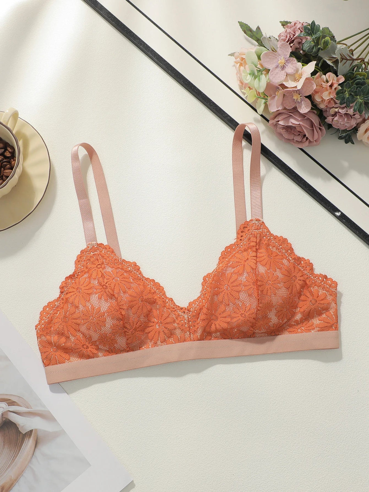 French Floral Lace Wireless Thin Straps Triangle Cup Women Summer Breathable See Through Lingerie Soft Daily Underwear MR2953