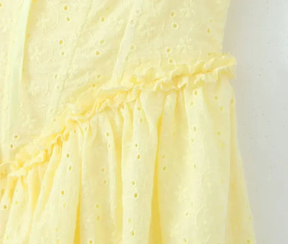 YENKYE Sexy Elegant Women Hollow Out Embroidery Yellow Sling Mini Dress Low Waist Lace Up Bandage Party Dresses Birthday Robe