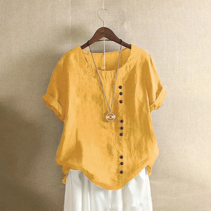 18 Colors S-5XL Women Cotton Linen Button Blouse Summer Female O-Neck Short Sleeve Solid Shirt Tops WYLP-M03