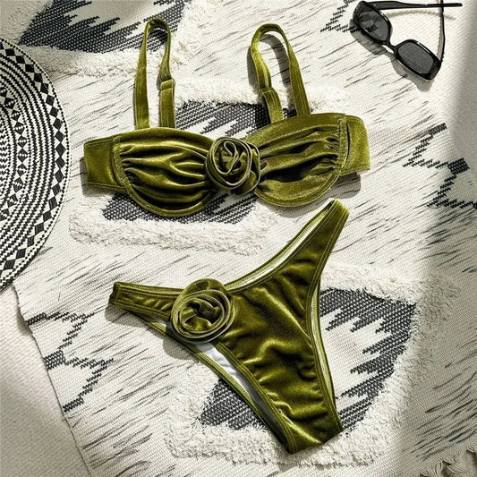 Sexy Green Velvet 3D Flower Swimwear Push Up Bikinis Sets Swimsuit 2026 Women Underwired Bathing Suit Thong Bikini Mujer Biquini