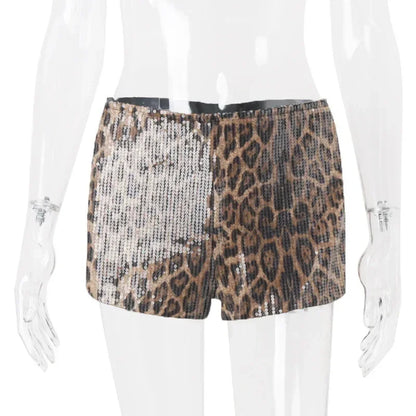 WhereMery Retro Leopard Print Seguins Shiny Chic Short Pants Y2K Spring Women's Fashion Night Club Streetwear Women Mini Bottoms