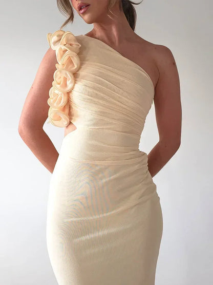 Articat Elegant Sleeveless Slant Shoulder Flower Dress Women Spring/Summer 2025 Sexy Mesh Wrap Hip Dress Party Evening Dress
