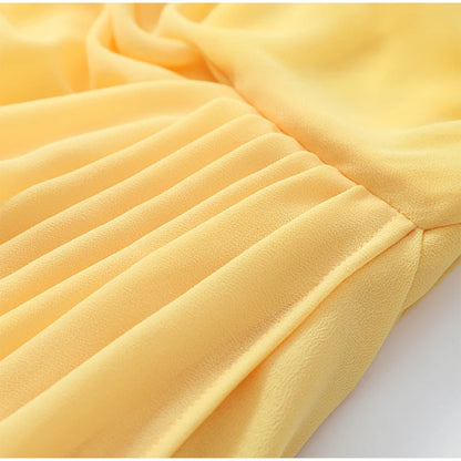 Elegant Yellow Strapless Pleated Dress Women Chic Sleeveless Waist Cinching Split Maxi Gowns Lady Evening Party Dresses 2026 New