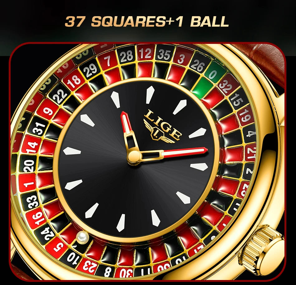LIGE Quartz Man Watch Fashion Luxury Creative Roulette Game Dial Design Leather Casual Life Waterproof Watches for Men Gifts+Box