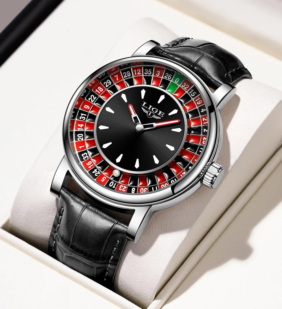 LIGE Quartz Man Watch Fashion Luxury Creative Roulette Game Dial Design Leather Casual Life Waterproof Watches for Men Gifts+Box