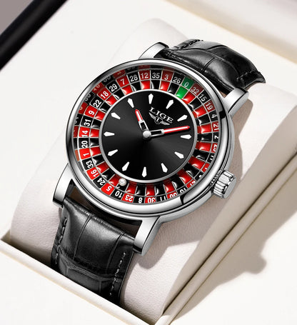 LIGE Quartz Man Watch Fashion Luxury Creative Roulette Game Dial Design Leather Casual Life Waterproof Watches for Men Gifts+Box