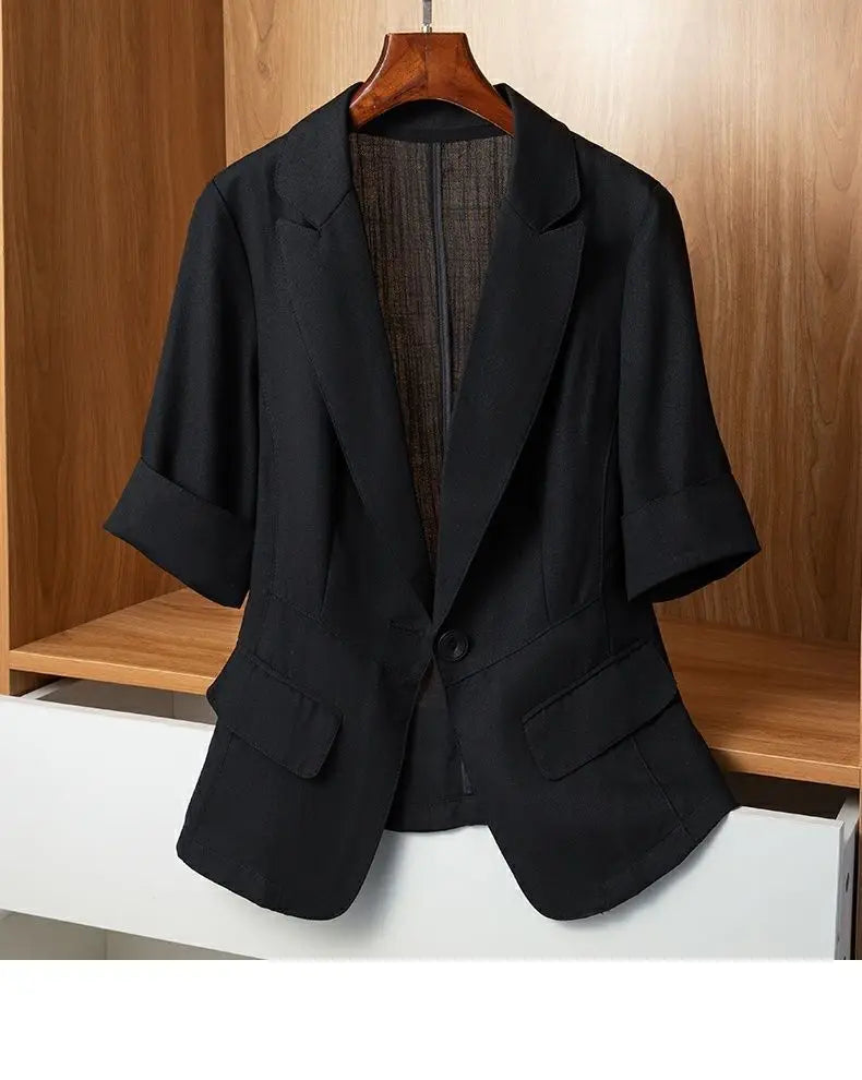 Black Solid Casual Turn-Down Collar Single Button Short Sleeve Women's Jacket Korean Fashion Suit Blazer Short Jackets Coat 2026