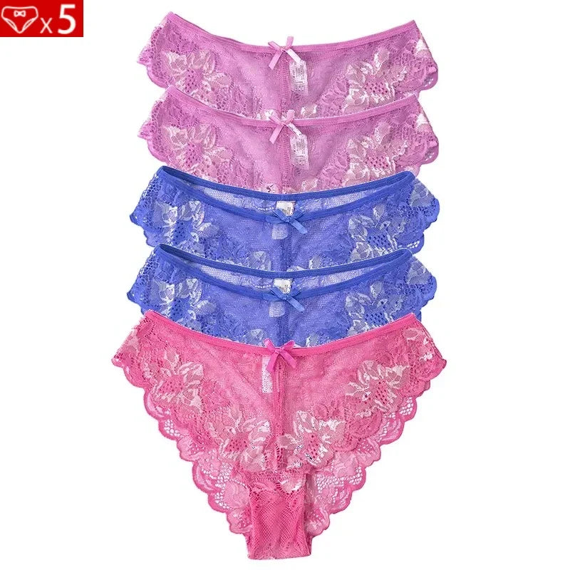 5pcs Lace Sexy Women Panties Mid Waist Perspective Floral Ladies Briefs Breathable Comfortable Female Underwear