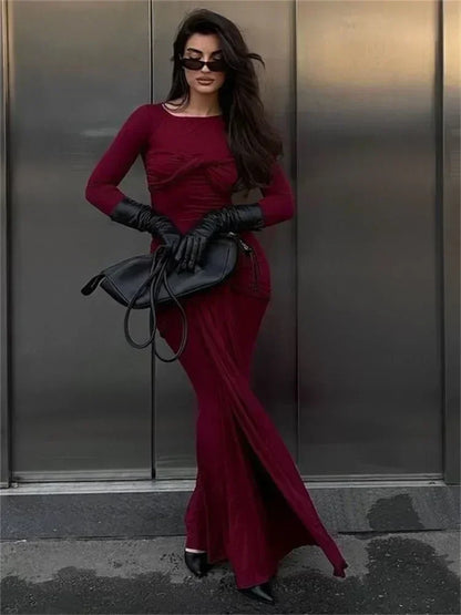 Tossy Female Pleated Sexy Maxi Dress Patchwork Twist Slim Long Sleeve Solid Y2k Autumn Streetwear Dress Women's Bodycon Dress