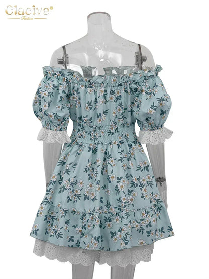 Clacive Summer Slim Print Women's Dress Fashion Slash Neck Short Sleeve Mini Dresses Elegant High Waist Patchwork Female Dress