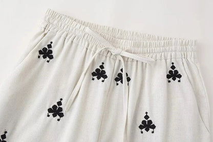 Foridol Geometric Pattern Embroidery Long Pants Women Wide Leg Beige Casual Summer Pants Elastic Waist Drawstring Pants 2025